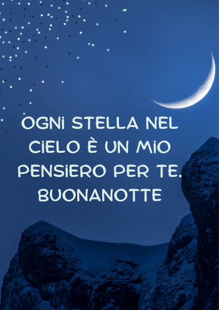 Immagine romantica con cielo stellato notturno e la frase "Ogni stella nel cielo è un mio pensiero per te. Buonanotte" scritta in caratteri eleganti, perfetta per augurare una dolce notte con amore.